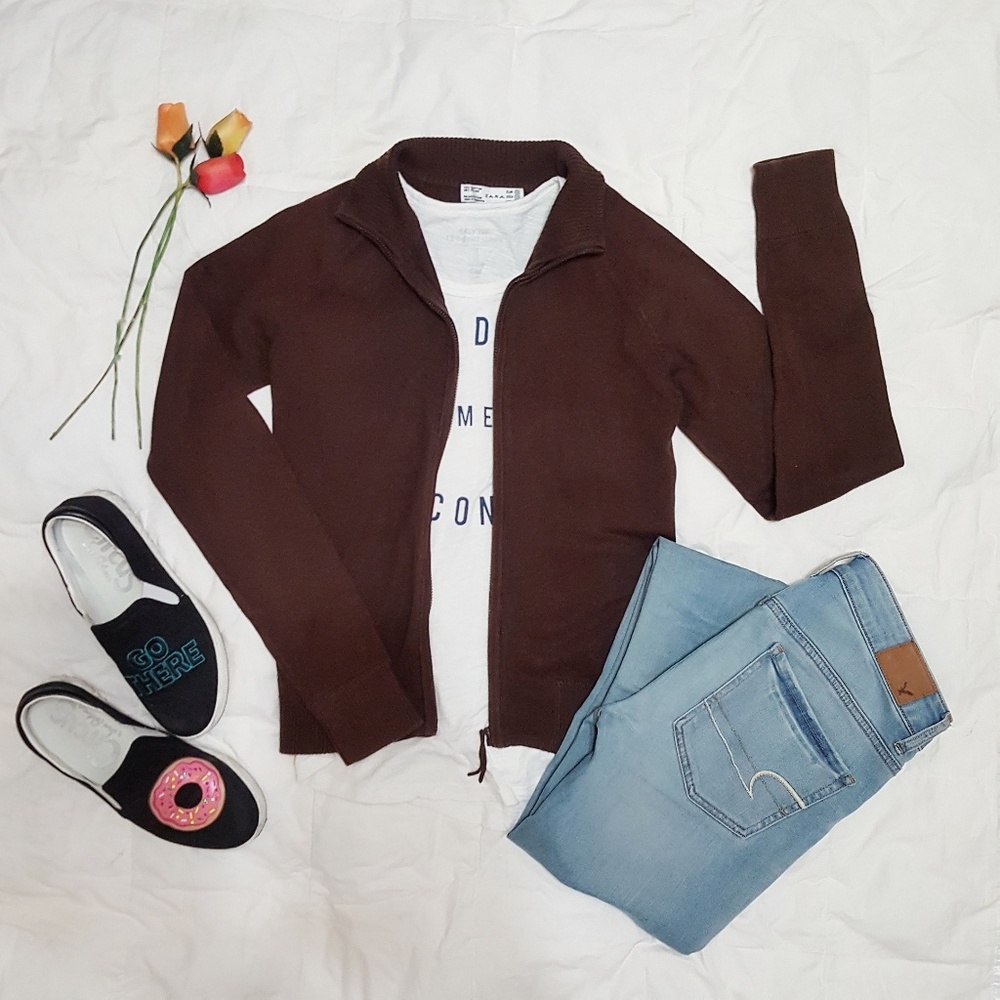 Zara brown zip front sweater